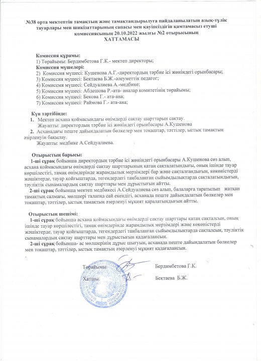 Тамақты және тамақтандырылуға пайдаланатын азық-түлік тауарлары мен шикізаттарының сапасы мен қауіпсіздігін қамтамасыз етуші комиссиясының №2 хаттамасы