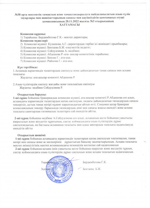 Тамақты және тамақтандырылуға пайдаланатын азық-түлік тауарлары мен шикізаттарының сапасы мен қауіпсіздігін қамтамасыз етуші комиссиясының №3 хаттамасы